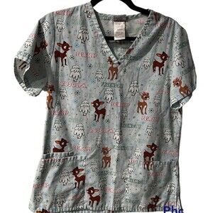 Christmas Scrub Top Rudolph w Pockets Sz XS Christmas Trees Blue Cute